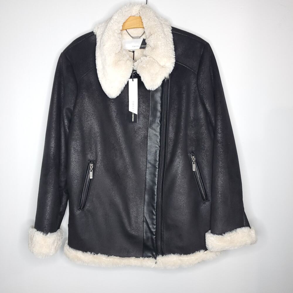 Preen Womens Aviator Faux Black Suede Cream Shearling Jacket Coat SZ UK 18